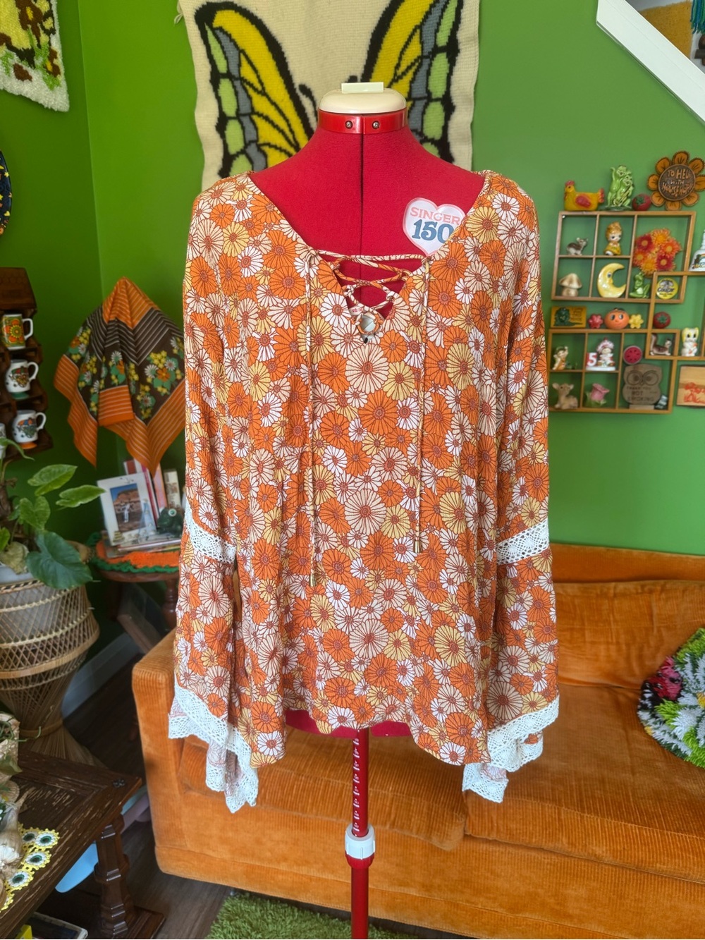 Rust Orange Floral Lace-Up Boho Tunic with Crochet Trim